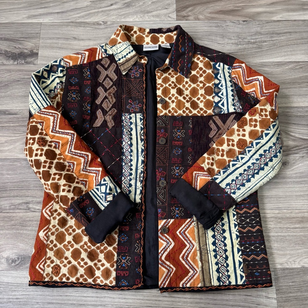 Chico's Brown Boho Patchwork Embroidered Button D… - image 8